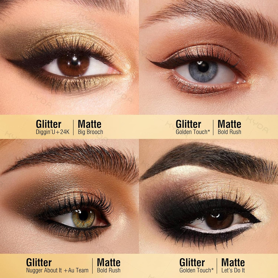 Kyda 12 Colors Golden Eyeshadow Palette, Ultra-Rich Glitter Gold Eyeshadow, Matte Neutral Nude Smokey Eyes Shadow Palette, Smooth Blendable Pigment, Good As Golden Eye Shadow