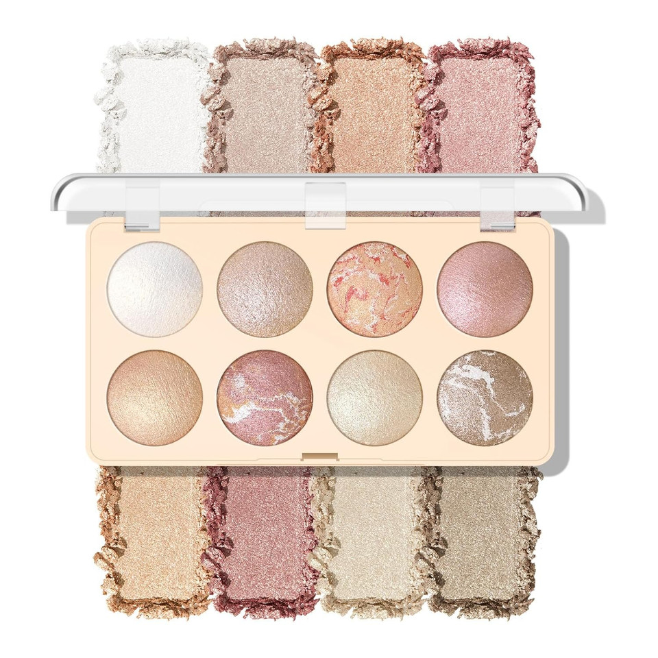Kyda 8 Colors Baked Powder Palette, Mulitiuse Baked Powder For Eyeshadow Highlighter Contour, Lightweight Blendable, Buildable Glossy Color, Golden Luster