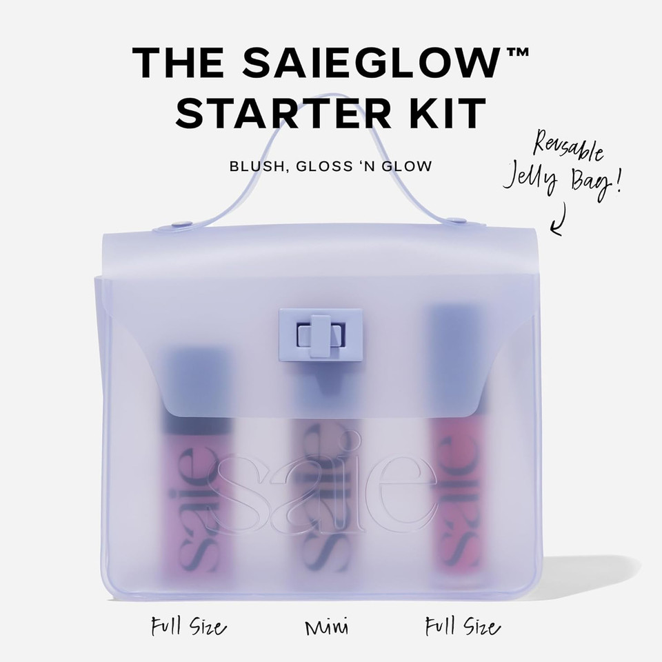 Saie Saieglow Starter Makeup Kit - Glowy Super Gel In Roseglow, Dew Blush In Baby, And Glossybounce Lip Gloss In Play - Summer Essentials Makeup Set In A Mini Reusable Jelly Travel Bag (3 Count)