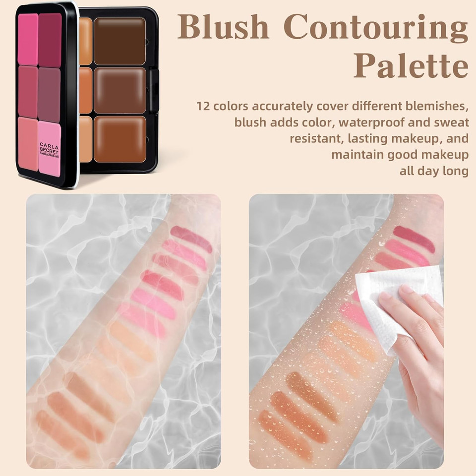 12 Colors Cream Blush Palette, Color Correcting Concealer Foundation Palette, Long Wearing Smudge Proof Blendable Matte Finish Blush Powder Highlighter And Cream Contour Palette Makeup (01)