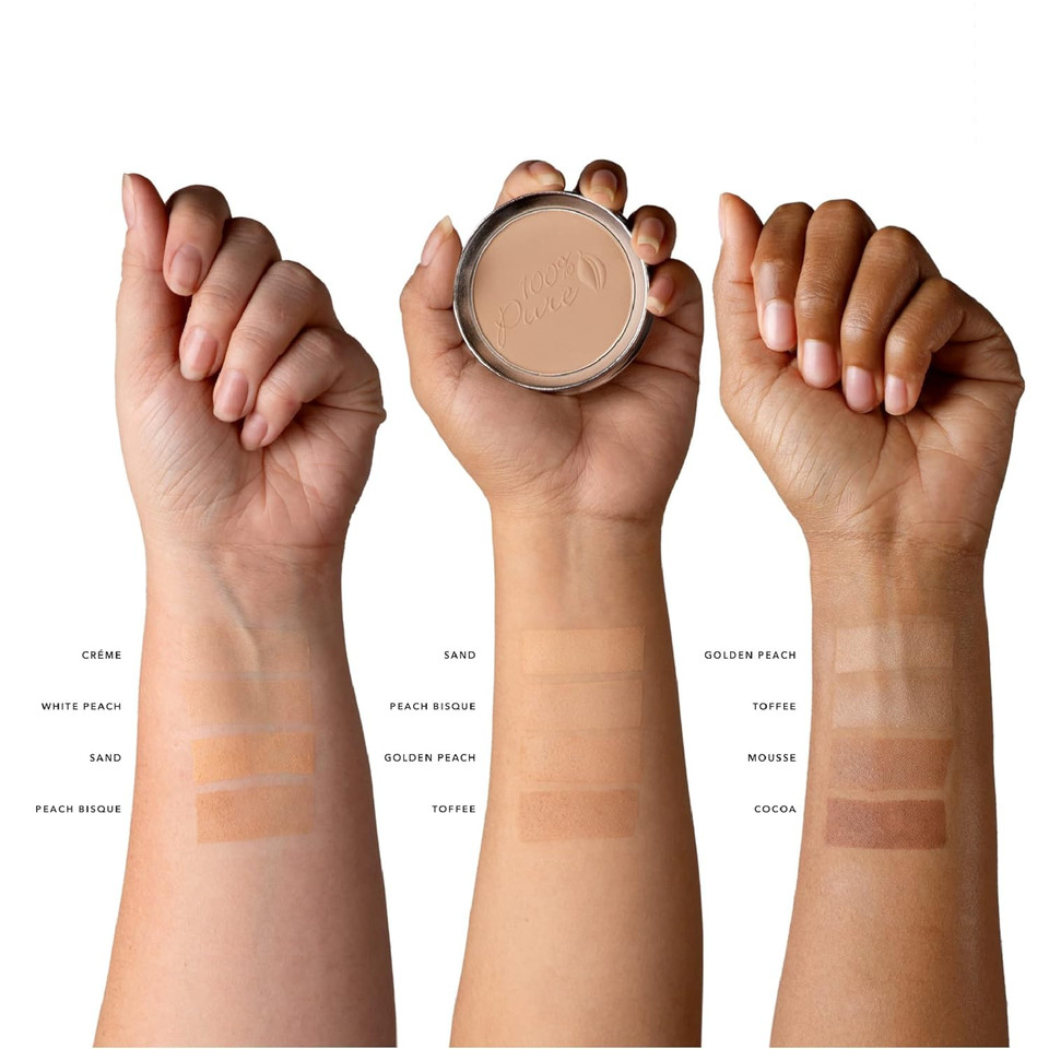 100% Pure Powder Foundation Matte Finish Face Makeup - Oil Absorbing Pressed Poreless Concealer - Vegan Fruit Pigmented Toffee Color (Tan Shade W/Neutral Undertones) - 0.32 Oz