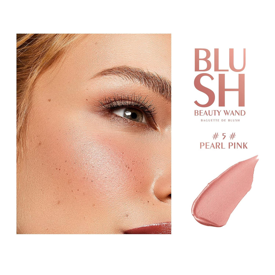 Kyda Blush Beauty Wand, Shimmer Face Blush With Cushion Applicator, Natural Pearl Finish, Silky Smooth Creamy Formula, Lightweight Blendable Blush Rouge Stick-Pearl Pink