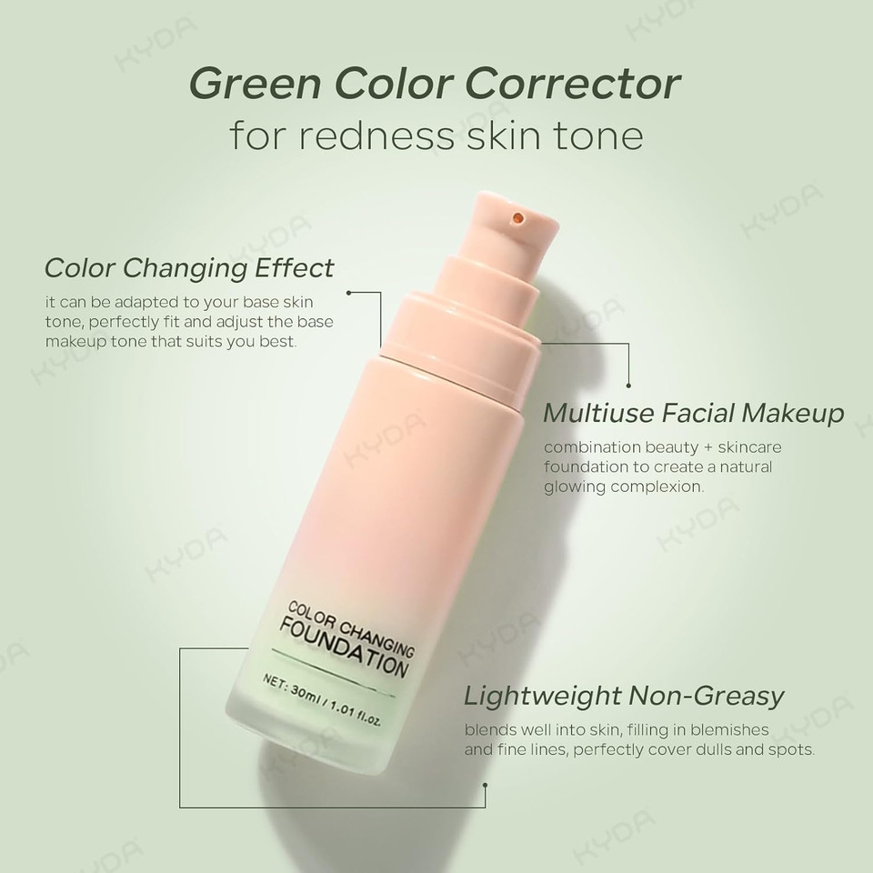 Kyda Green Color Changing Foundation, Color Correcting Cc Cream With Centella, Even Red Skin Tone, Lightweight Non-Greasy, Hydrating, Sheer Coverage, Multiuse Face Concealer With Natural Finish