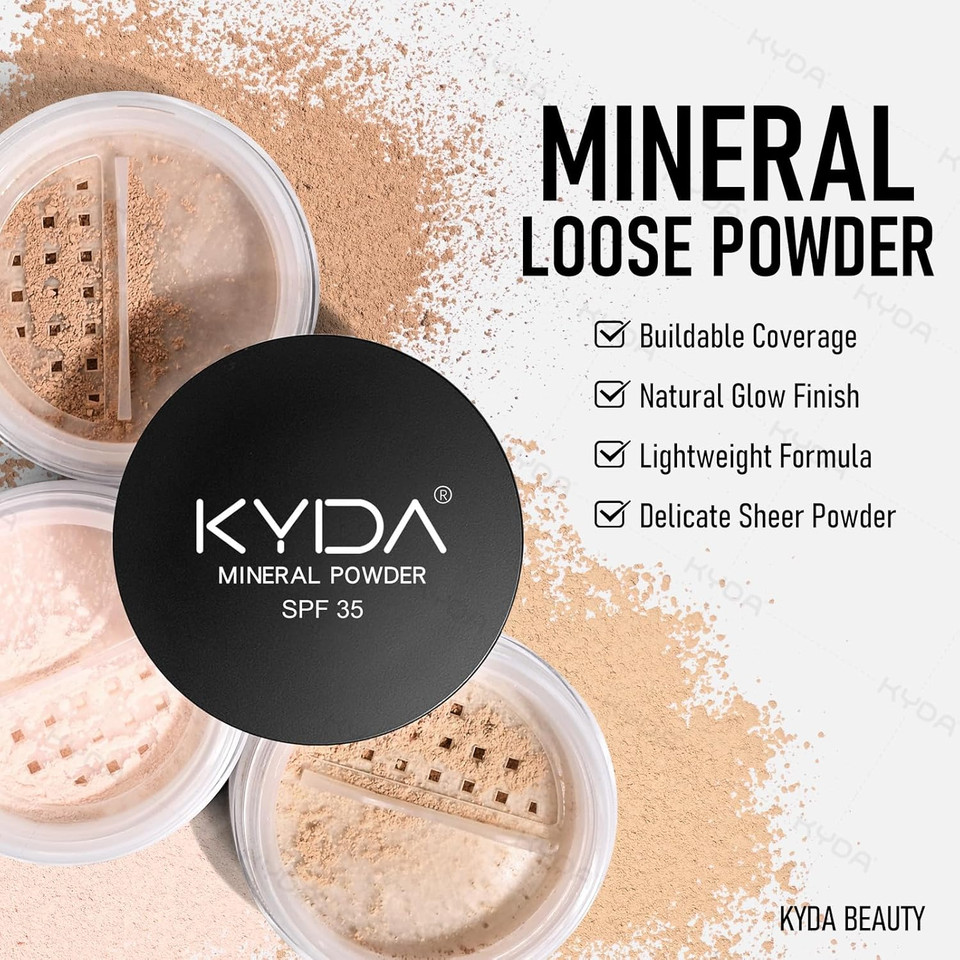 Kyda Mineral Powder Foundation, Spf 35, Natural Glow Finish Loose Powder Makeup, Skin-Improving Mineral Loose Foundation, Lightweight Buildable Coverage, 0.28 Oz, Fairly Medium