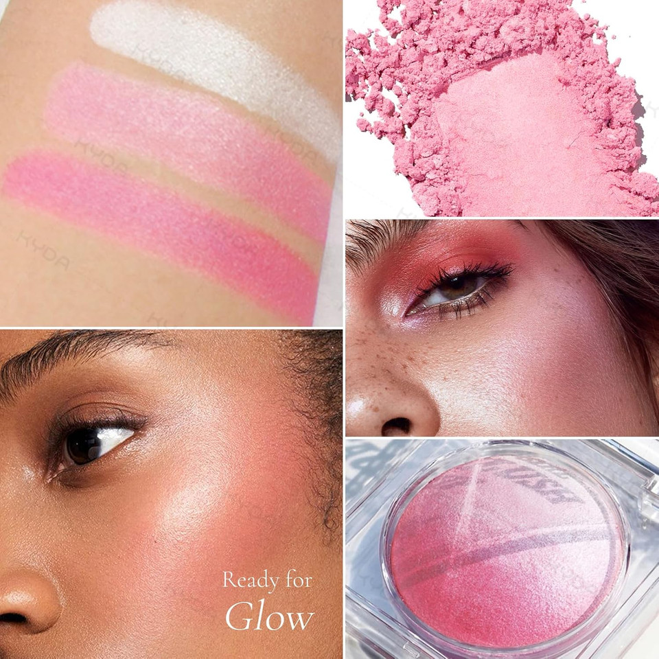 Kyda Pink Baked Blush, Pink Glow Powder For Blush And Highlighter, High Glossy Finish, Lightweight Blendable Shimmer Blusher, Multiuse Baked Powder, 0.53 Oz