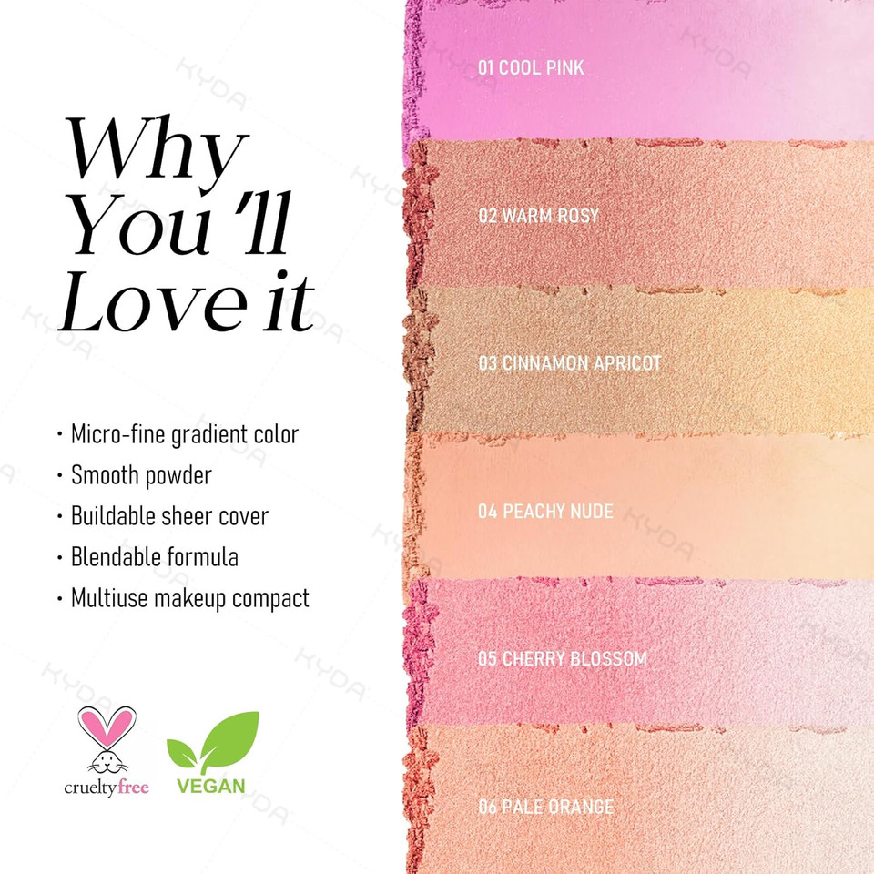 Kyda Pink Shimmer Blush, Gradient Cherry Blossom Pink Color, Micro-Fine Pearl Powder Blush, Soft Buildable Cheek Color, Lightweight Smooth, Multiuse Blusher Makeup Compact