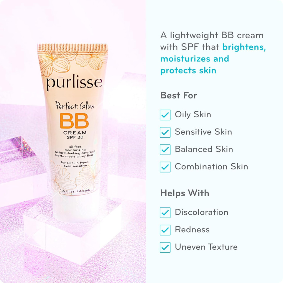 Purlisse Perfect Glow Bb Cream With Spf 30 - Matte Meets Dewy Finish - Enriched With Goji & Hawthorn Berry To Help Improve Skin Texture & Radiance - Light Medium (1.4 Oz)