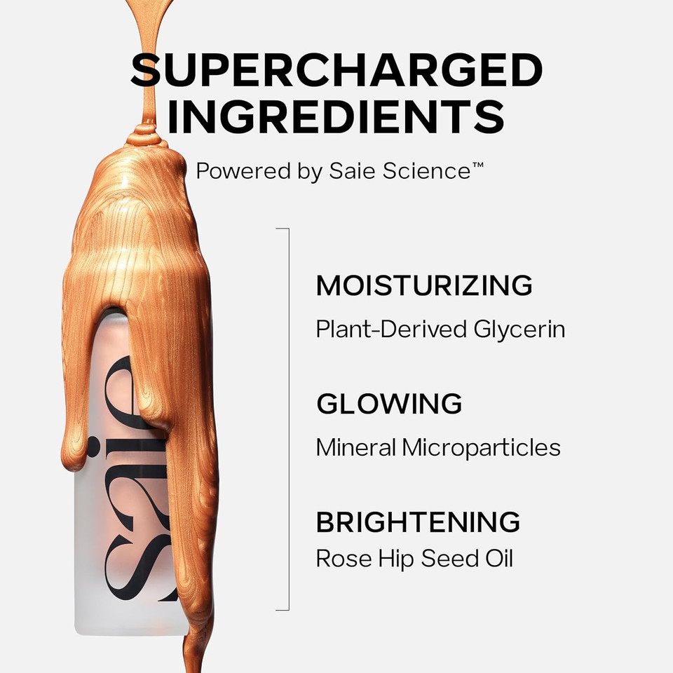 Saie Mini Glowy Super Gel Lightweight Llluminator & Makeup Primer - Sunglow (0.5 Oz) + Dew Blush - Lightweight Liquid Blush With A Blendable + Buildable Cream Finish - Sweetie (.40 Oz)