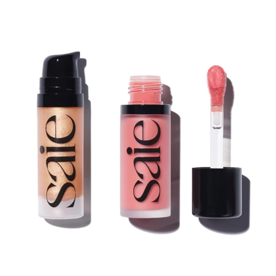 Saie Mini Glowy Super Gel Lightweight Llluminator & Makeup Primer - Sunglow (0.5 Oz) + Dew Blush - Lightweight Liquid Blush With A Blendable + Buildable Cream Finish - Sweetie (.40 Oz)