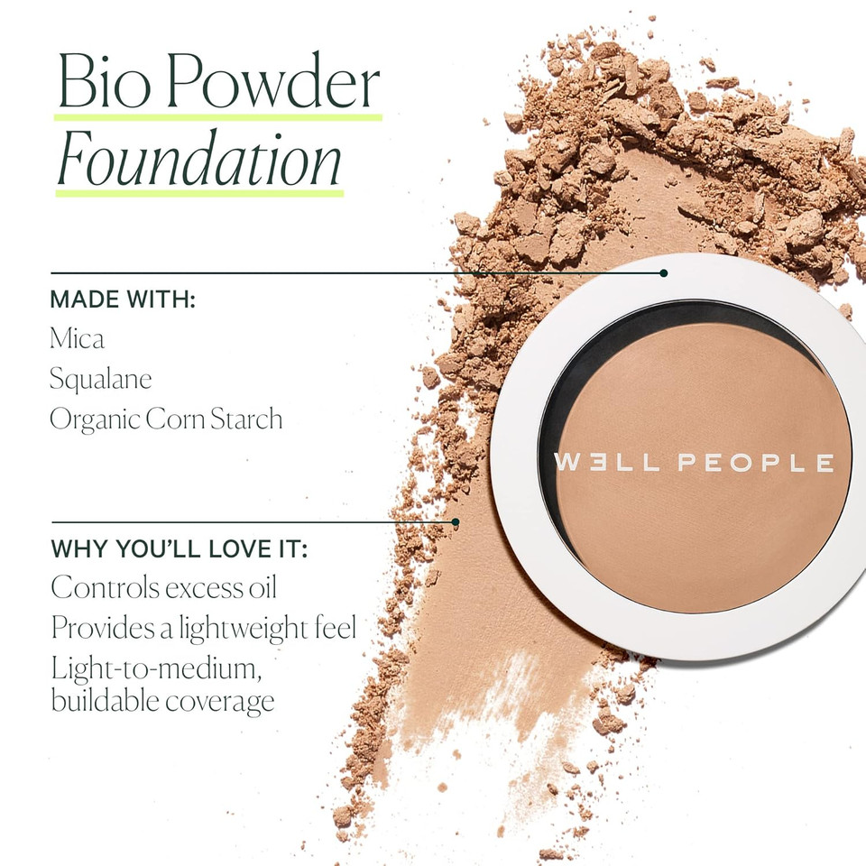 Well People Bio Powder Foundation, Lightweight & Hydrating Foundation For Perfecting & Smoothing Skin, Semi-Matte Finish, Vegan & Cruelty-Free, 9W