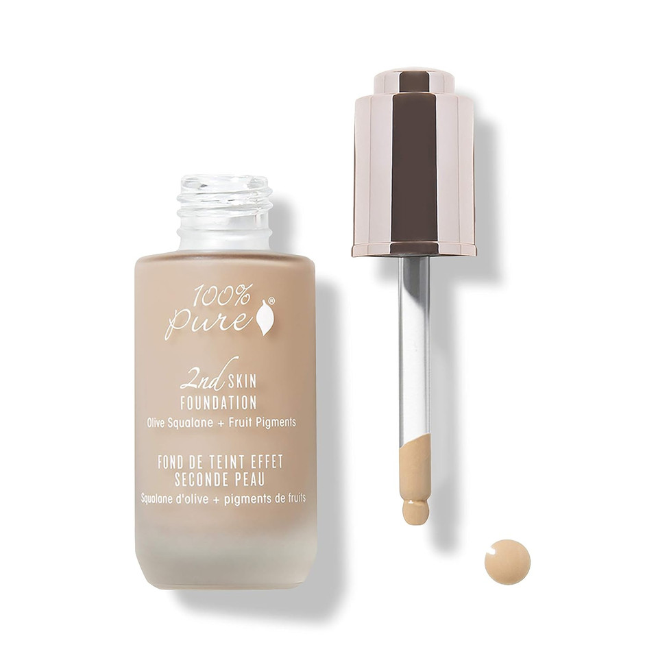 100% Pure 2Nd Skin Lightweight Serum Foundation Anti-Aging Face Makeup - Blendable Coverage Liquid Hydration Boost For Soft Plumped Up Glow, Vegan Shade 5 (Neutral W/Peachy Undertone) - 1.18 Fl Oz