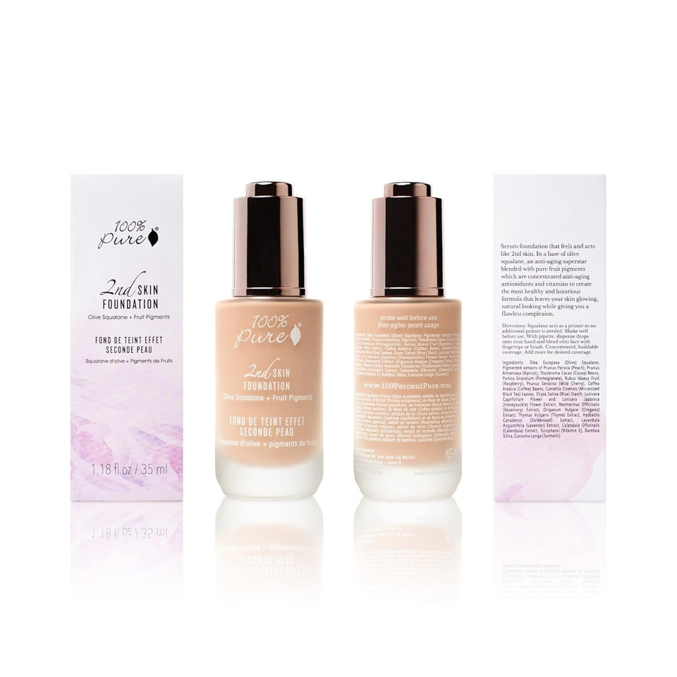 100% Pure 2Nd Skin Lightweight Serum Foundation Anti-Aging Face Makeup - Blendable Coverage Liquid Hydration Boost For Soft Plumped Up Glow, Vegan Shade 5 (Neutral W/Peachy Undertone) - 1.18 Fl Oz