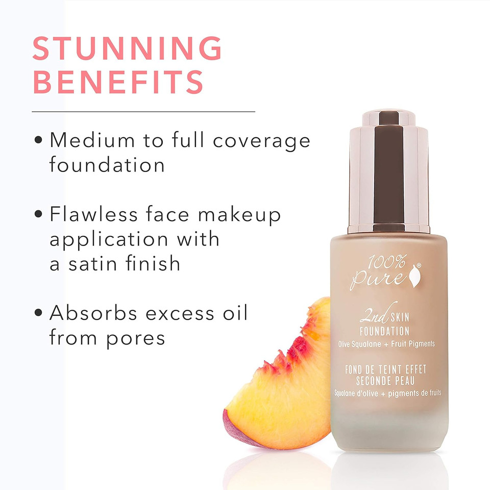 100% Pure 2Nd Skin Lightweight Serum Foundation Anti-Aging Face Makeup - Blendable Coverage Liquid Hydration Boost For Soft Plumped Up Glow, Vegan Shade 5 (Neutral W/Peachy Undertone) - 1.18 Fl Oz
