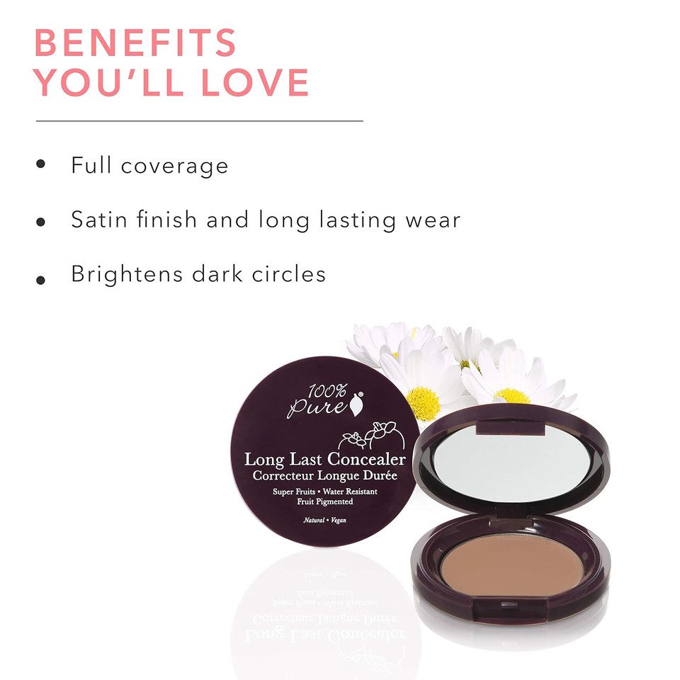100% Pure Fruit Pigmented Long Last Compact Concealer, Peach Bisque, Full Coverage Concealer, Diminish Dark Circles (Medium With Yellow Undertones) - 0.11Oz