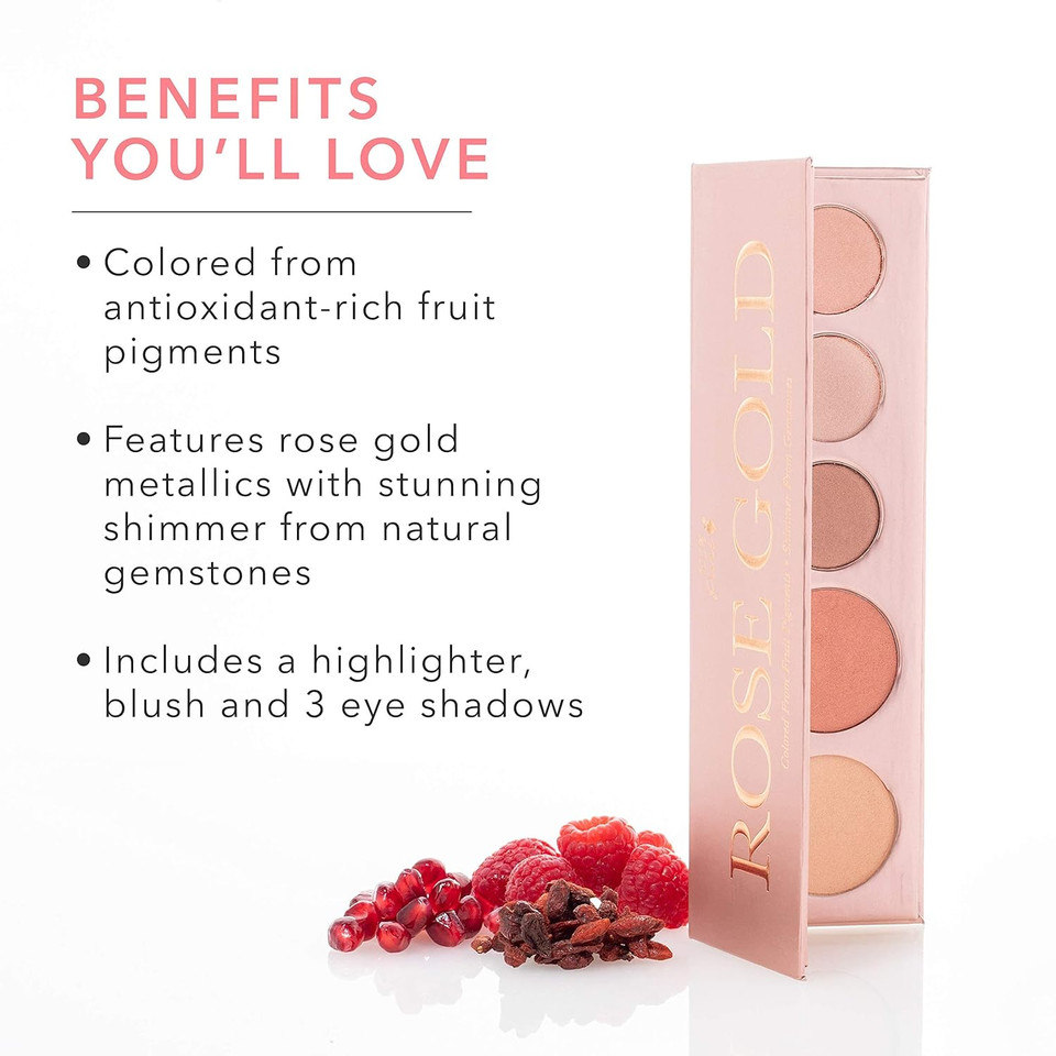 100% Pure Rose Gold Makeup Palette All In One Compact 3 Eyeshadow, Blush, Face Highlighter, Fruit Pigmented Natural Warm Metallic Shimmer For All Skin Types - Vegan (Glowy Rose Gold Metallics)