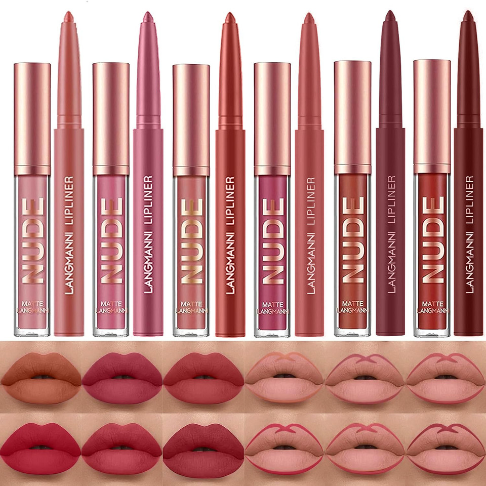 Langmanni 4Pcs Matte Lipstick With Lipliners Durable Makeup Set,Long-Lasting Non-Stick Cup Not Fade Waterproof Pigmented Velvet Lipgloss Kit Beauty Cosmetics Makeup Gift For Girls(#2+4+6+8)