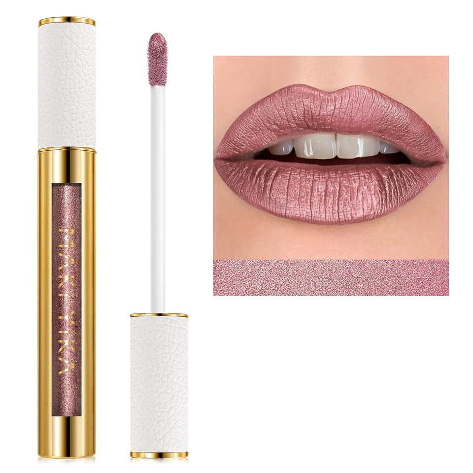 Maki Yika Pink Nude Lipstick For Women Metallic Lipsticks Glitter Long Lasting Lipstick No Smudge No Transfer Liquid Lip Gloss (Br017 Love Fighter)