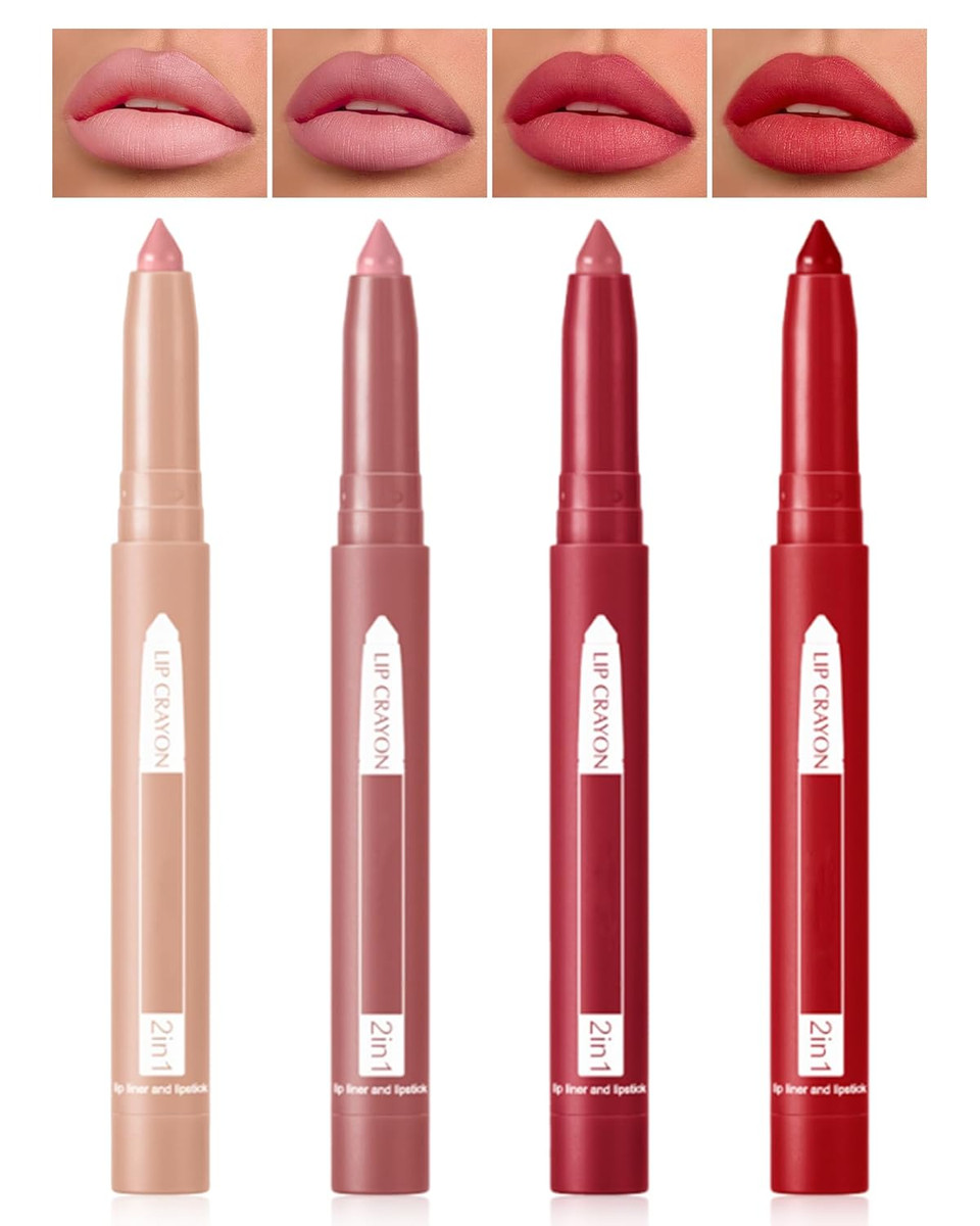 Matte Lipstick Lipliner Set-4Pcs Waterproof Lip Crayon Pen Tinted Lip Balm,Nude Pink Red Chestnut Brown Long Lasting Lip Gloss Lip Liner Pencil,Makeup Gift For Women,Labiales Mate 24 Horas Originales