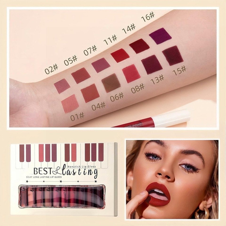 12Pcs Matte Liquid Lipstick Set Non-Stick Cup And Not Fade Pigmented Lipstick Long-Lasting Waterproof Velvet Lipgloss Kit Makeup For Girls And Women (Set 01)