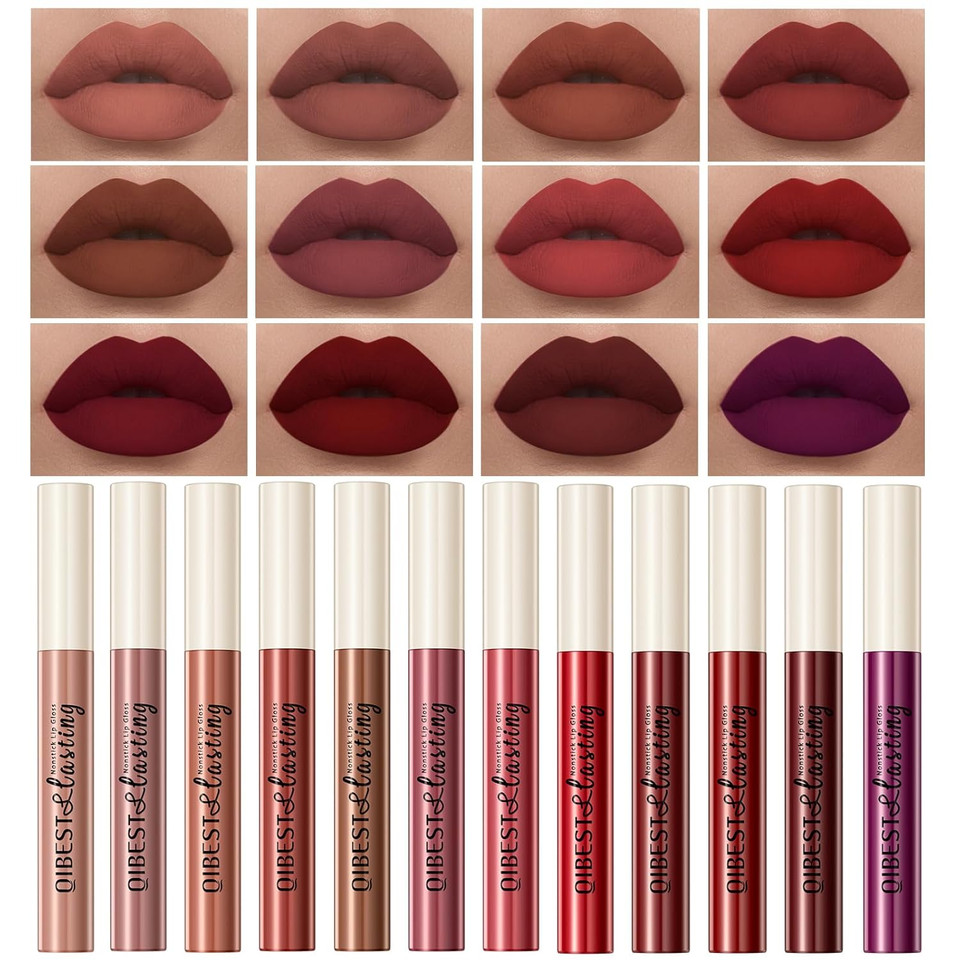12Pcs Matte Liquid Lipstick Set For Girls & Women, 24 Hours Long Lasting Waterproof Nude & Dark Red Lip Gloss Makeup Kits, Velvet Non-Stick Cup Mate Duracion 24 Horas Originales Lip Stains (Set 03, 1)
