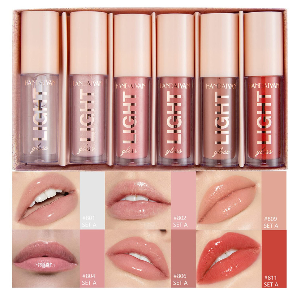 6Pcs Lip Oil Light Lipgloss Set, Moisturizing Hydrating Lip Glow Oil Lip Gloss Kit High Shine Lip Plumping Glass Finish Liquid Lipstick For Women (Set A)