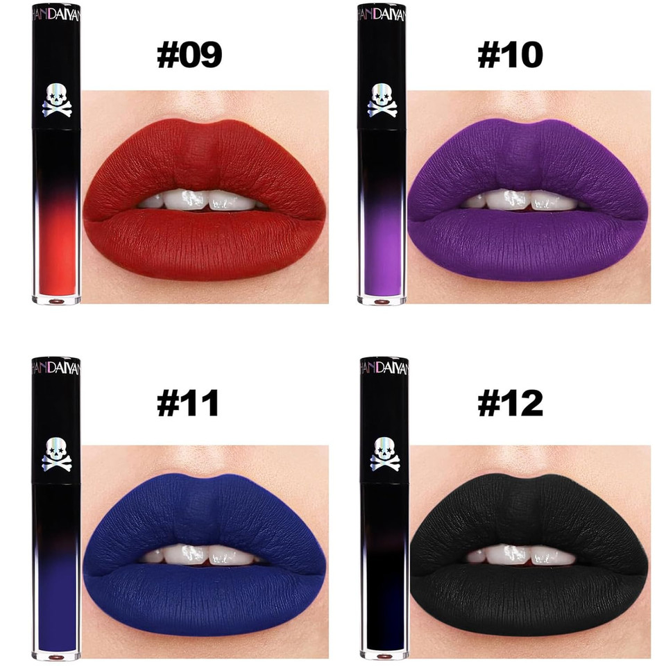 4Pcs Dark Red Purple Blue Black Matte Liquid Lipstick Sets,Matte Lipstick Lip Stain Long Lasting 24 Waterproof Lip Gloss Gift Set Matt Liquid Makeup Lipstick For Women Halloween Party Cosplay(Set C)