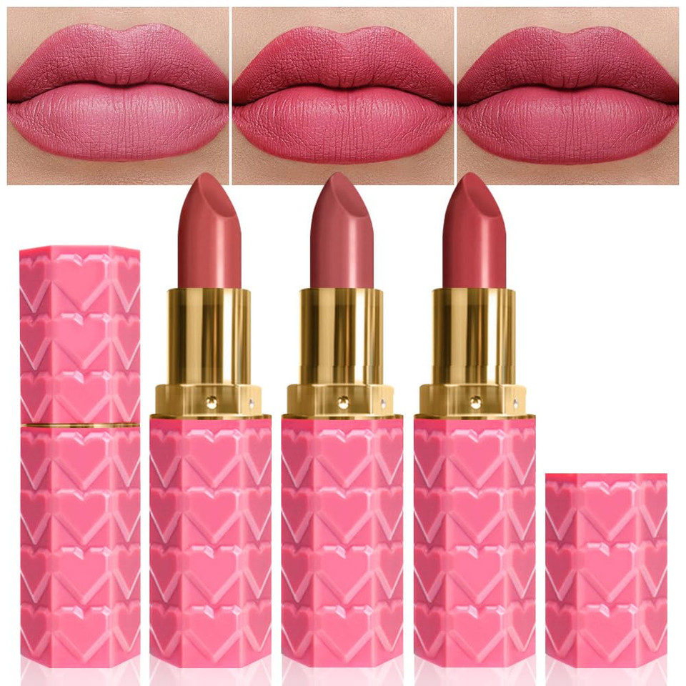 3 Pcs Matte Lipstick Crayon Pencil Set,Pink Bright Red Light To Dark Velvet Lip Stick For Women'S 24 Hour Long Lasting Waterproof Lip Liner,Labiales Mate 24 Horas Originales