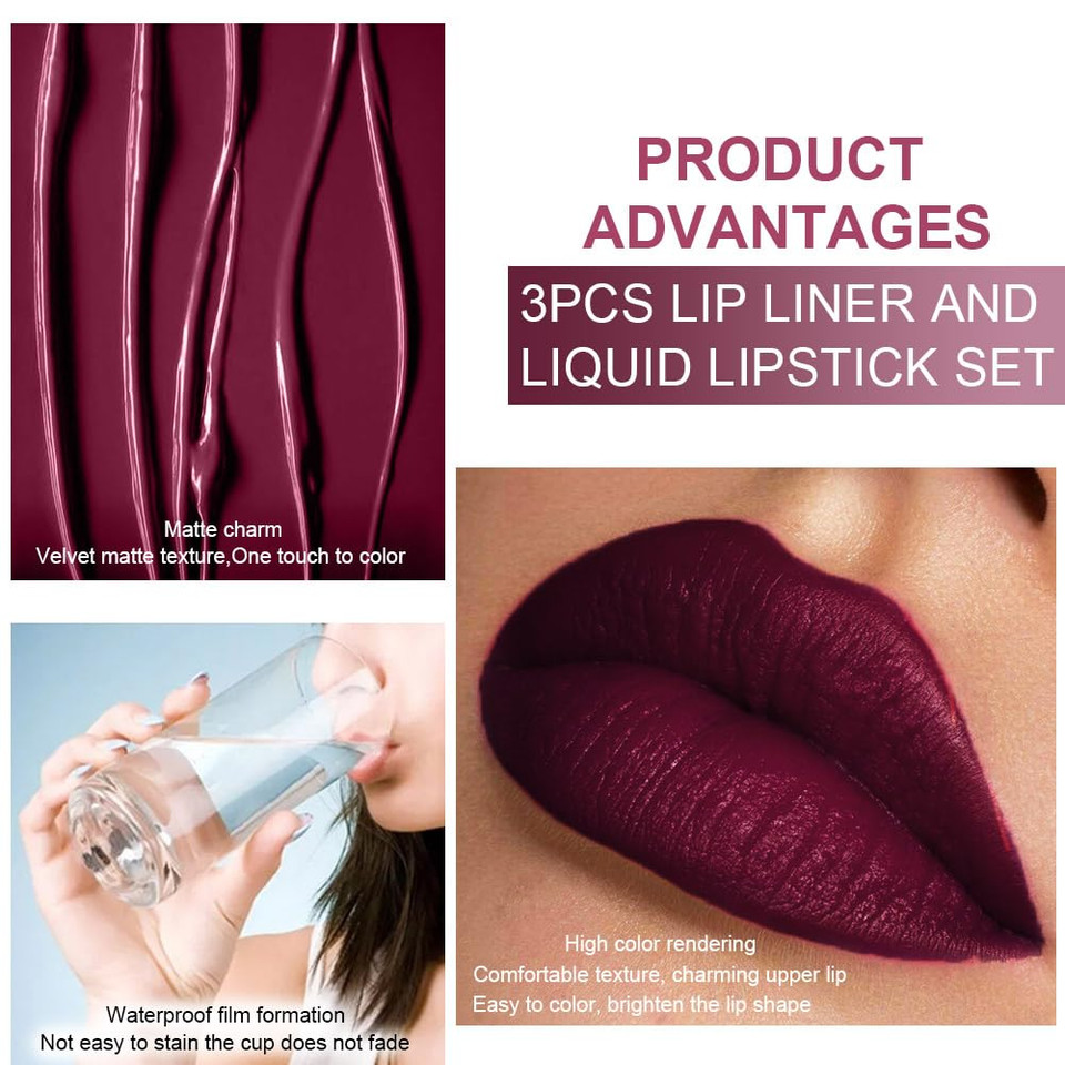 Evpct 1Pcs Dark Deep Red Matte Lip Liner And Liquid Lipstick Stain Makeup Set For Women, Red Long Lasting Smudge Proof Lipstick Labiales Matte Mate Larga Duracion Listip 24 Hours Originales,17