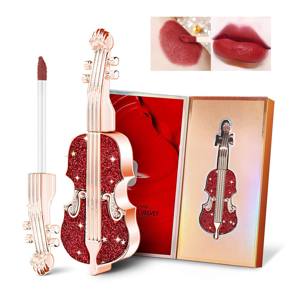 Long Lasting Matte Lipstick In Velvety Red, Unique Violin Appearance Design, Waterproof Durable Mist Liquid Lipstick With Gift Box (Red)