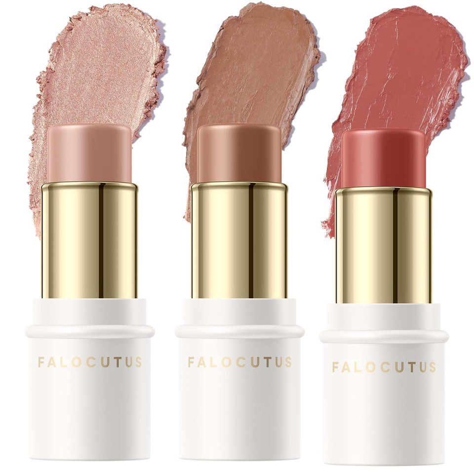 Falocutus 3 Pcs Medium Contour Stick Set,Cream Blush & Highlighter Bronzer Pen,Long Lasting & Smooth Natural Face Contouring Illuminator,Professional Makeup Kit For All Skine-Medium