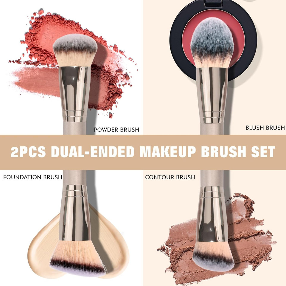 Dual-Ended Foundation Brush: Round & Angled Pro-Grade Makeup Brushes, 100% Vegan Synthetic Makeup Brush For Flawless Blending And Application Of Liquid, Powder, Cream, Blush