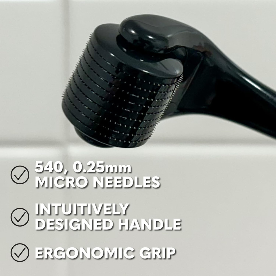 The Beard Club Derma Roller For Face, Body And Scalp - Microneedling For Men And Women With 540 Titanium Microneedles - Beard Roller & Micro Needling Scalp Hair - Silver & Black