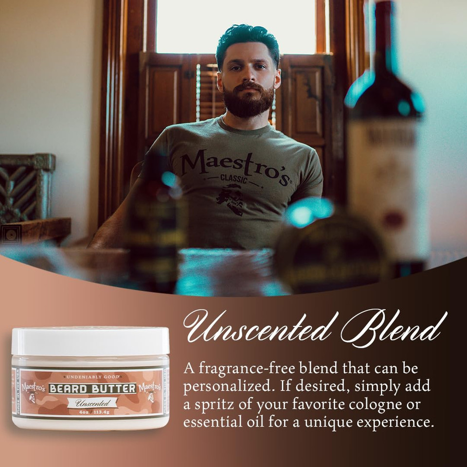 MaestroS Classic Beard Butter | Anti-Itch, Extra Soothing, Hydrating Beard Creme For All Beard Types & Lengths- Unscented, 4 Ounce