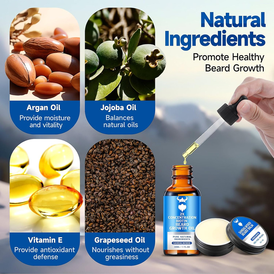Beard Growth Kit - 2X Concentration Biotin For Men, Natural Argan, Jojoba Oils And Vitamins (Cedarwood)