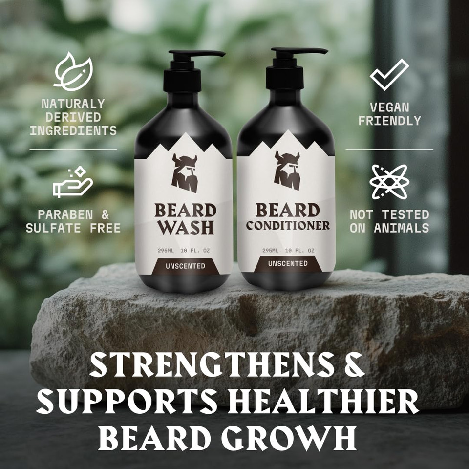 Striking Viking Beard Wash & Beard Conditioner For Men - Unscented, 10 Oz Per Bottle - Nourishing & Deep Cleansing Shampoo - Sulfate Free Shampoo Conditioner With Jojoba Oil Striking Viking Beard Wash & Beard Conditioner For Men - Unscented, 10 Oz Per Bottle - Nourishing & Deep Cleansing Shampoo - Sulfate Free Shampoo Conditioner With Jojoba Oil