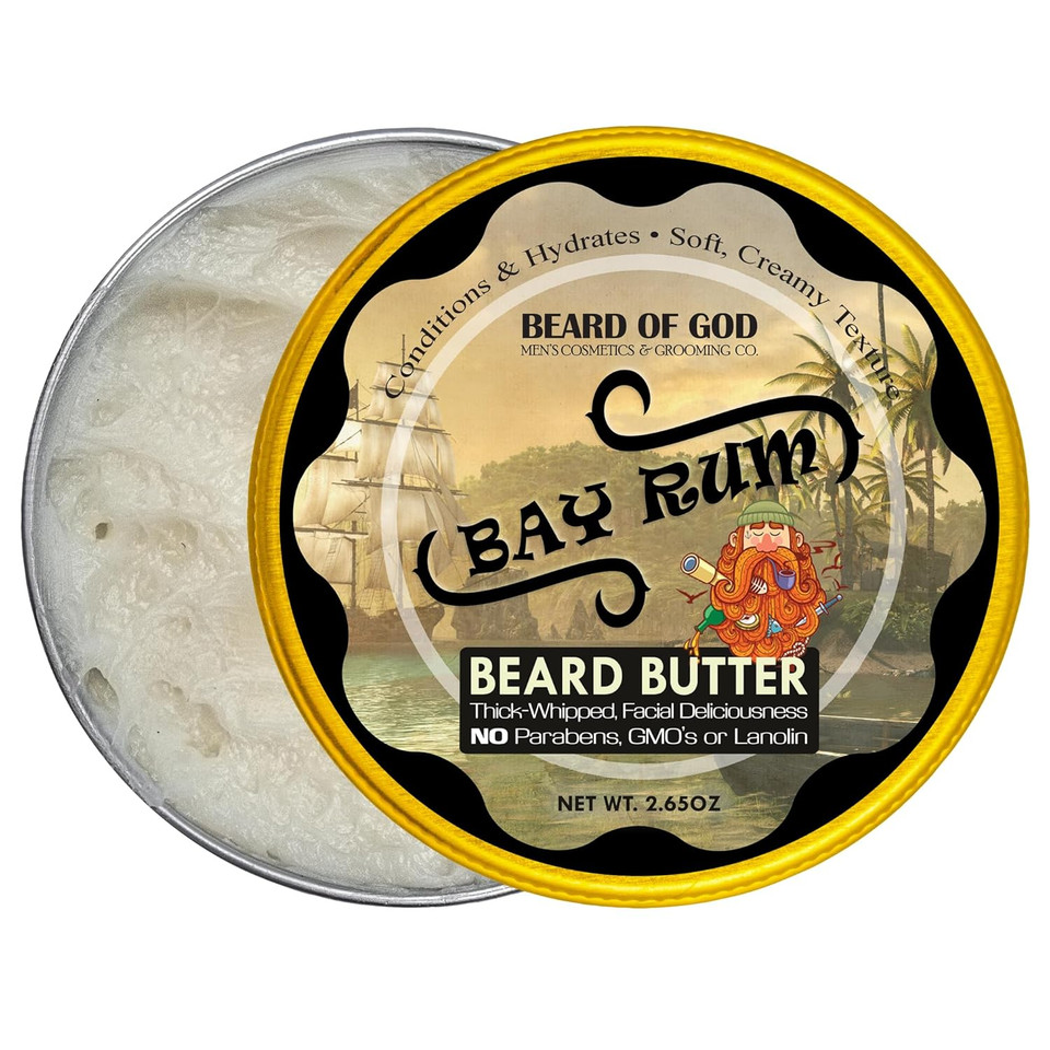 Bay Rum - 2.65 Oz. Thick-Whipped Beard Butter - Natural, Organic & Crafted In Usa By Beard Of God - Stimulates Hair Growth & Beard Thickness, Keeps Straggler Down, Low Sheen