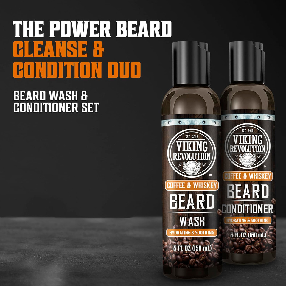Viking Revolution Beard Wash And Beard Conditioner For Men With Argan Oil And Jojoba Oil- Beard Softener And Strengthener Beard Care Beard Shampoo And Conditioner With Ginseng Root(5Oz,Coffee Whiskey)