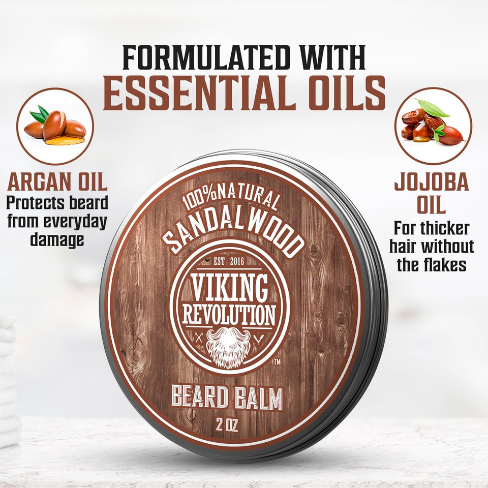 Viking Revolution Sandalwood Beard Balm - Beard Butter With Argan Oil, Beard Softener For Men With Jojoba Oil - Beard Moisturizer For Men With Beeswax - Beard Wax For Men (2Oz, 1 Pack)