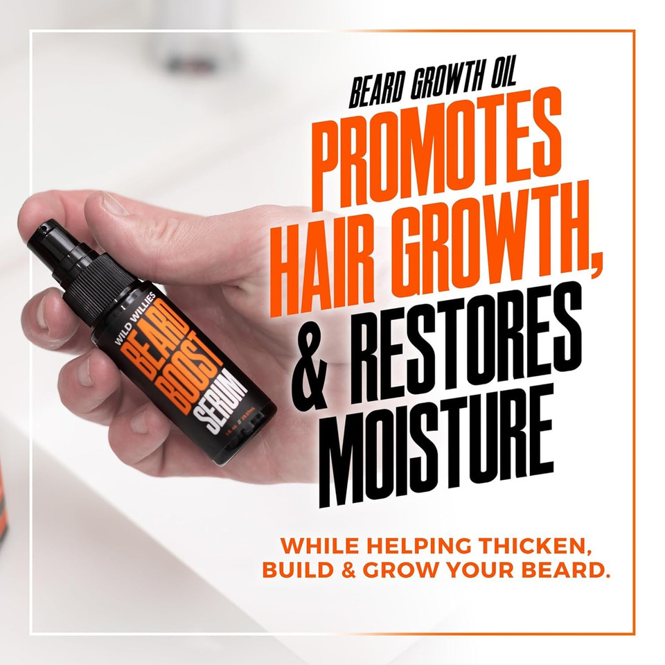 Wild Willies Beard Growth Kit - Premium Derma Roller & Beard Boost Serum - Microneedle Roller & Beard Hair Growth Serum With Biotin & Caffeine For Fuller Beard, Scalp Care - Easy To Use Kit With Case