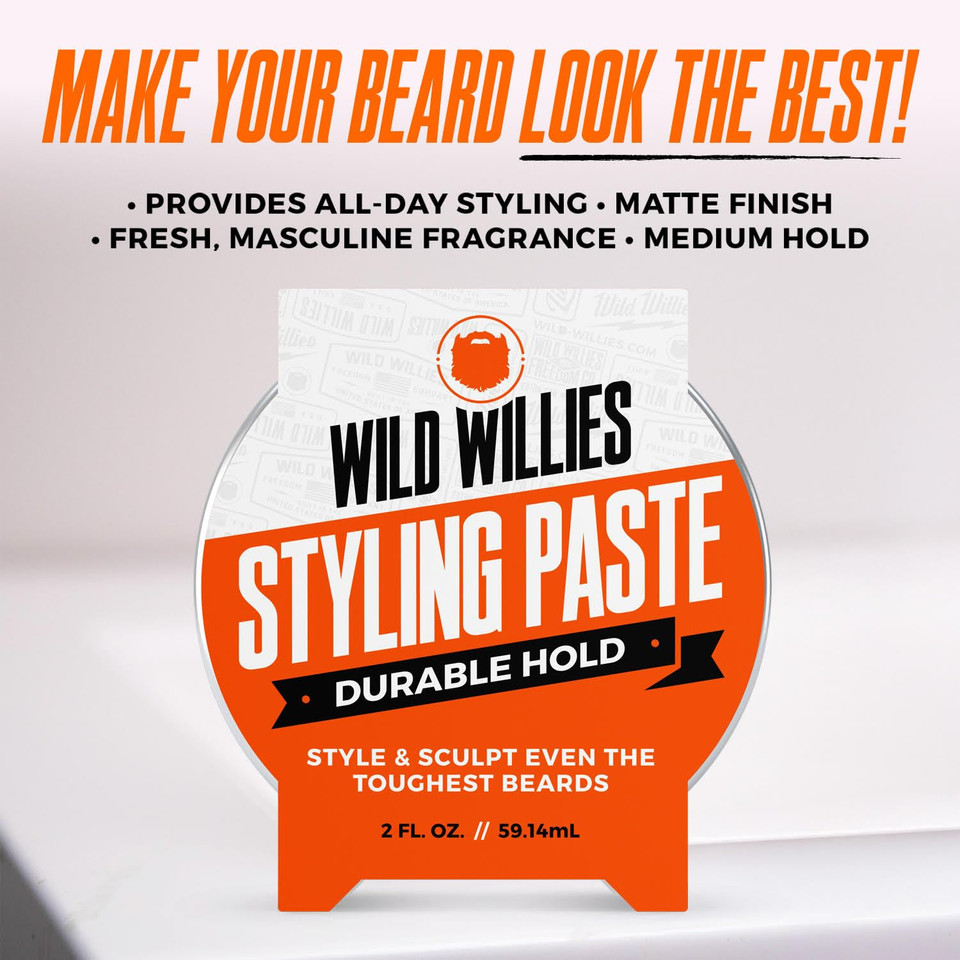 Wild Willies Beard Styling Paste - Men'S Grooming Balm With Durable Medium Hold, Hydrates & Tames Flyaway Facial Hair - Non-Greasy, Matte Finish Beard Cream - Essential Beard Care For Men, 2 Fl Oz