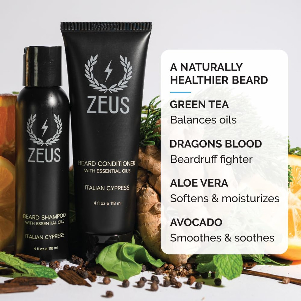 Zeus Italian Cypress Beard Shampoo Wash & Beard Conditioner Set With Essential Oils For Men (Made In Usa)