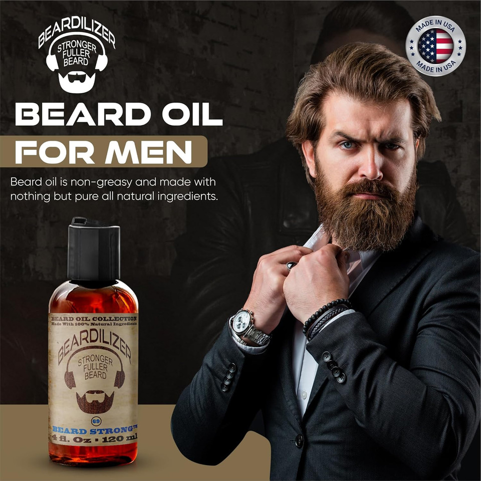 Beardilizer Beard Strong Beard Oil For Men - 100% Natural Growth Oil & Conditioner With Argan, Jojoba & Vitamin E  Softening, Moisturizing For Soft, Healthy Beard  4 Oz