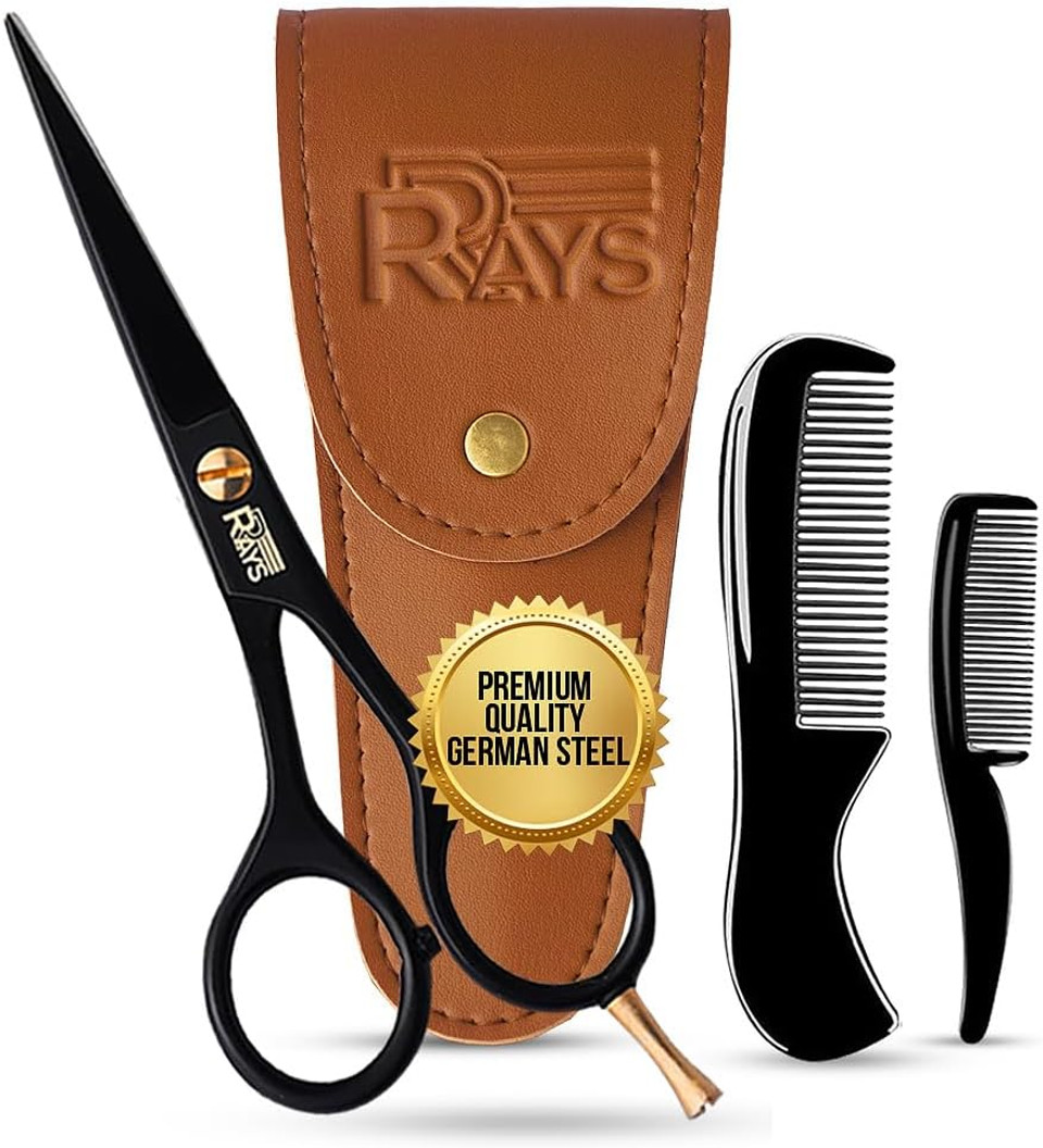 5'' Beard Scissors For Men- German Mustache Scissors With Beard & Mustache Comb- Beard Trimming Scissors With Travel Pouch- Mustache Grooming Kit For Men Facial Hair Styling-Mustache Trimmer