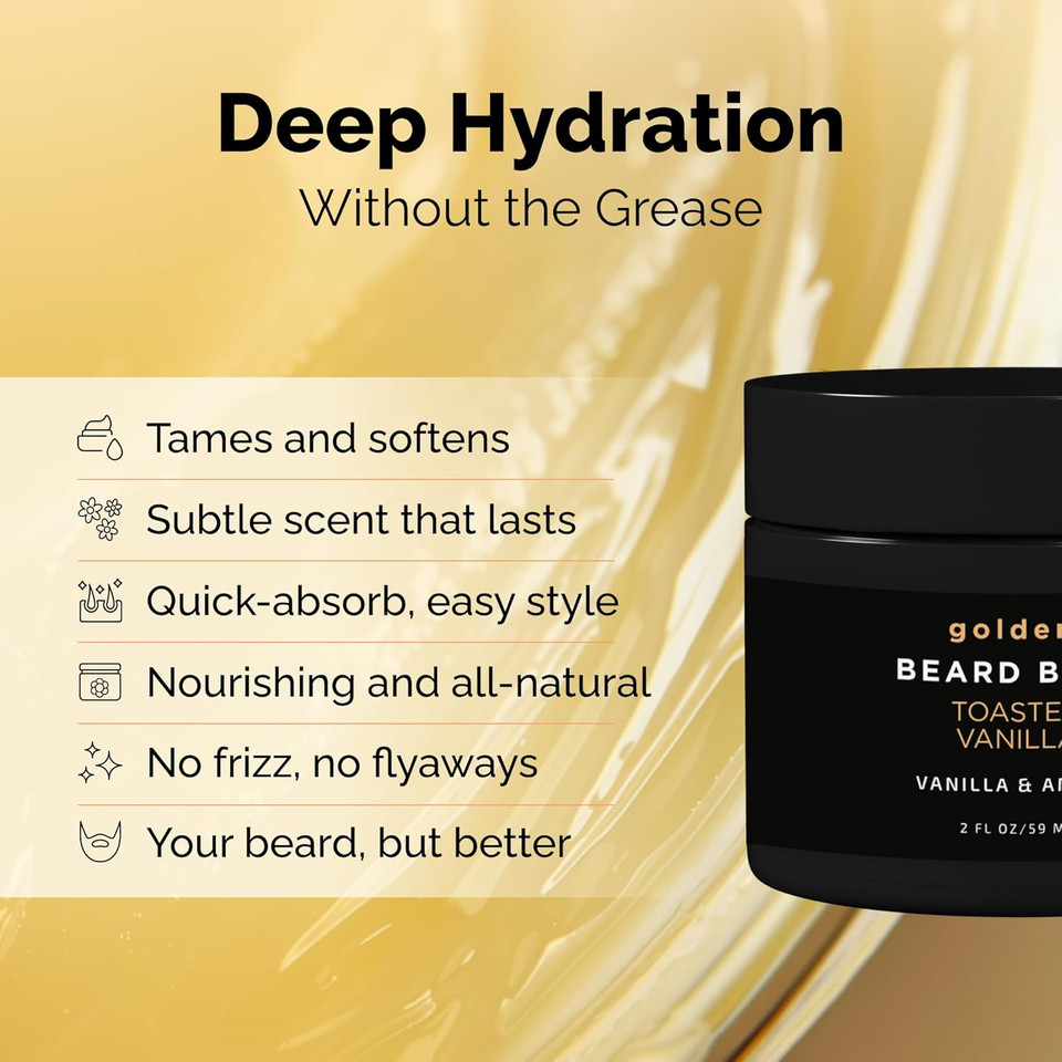 Golden Grooming Beard Balm | Unique Masculine Scent | Shea Butter For Beard Growth | Tames, Moisturizes & Styles  Toasted Vanilla, 4Oz