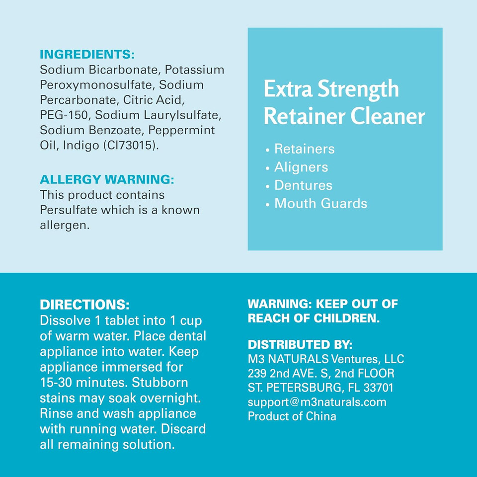 M3 Naturals Retainer Cleaner And Soak Container, No-Mess Cleaning Tablets With Universal Denture Bath Case And Strainer, Multipurpose, For Mouth Guard Stains, Odor, And Plaque