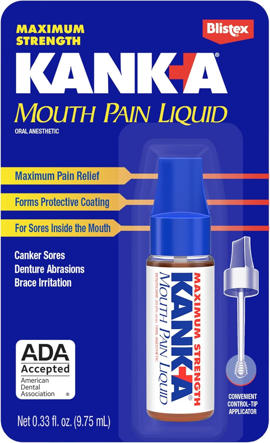 Kank-A Mouth Pain Liquid, Maximum Strength, 0.33 Fl Oz, Canker Sore Medicine, Includes Applicator, Forms Protective Coating For Mouth Sores, Maximum Pain Relief, 1 Pack