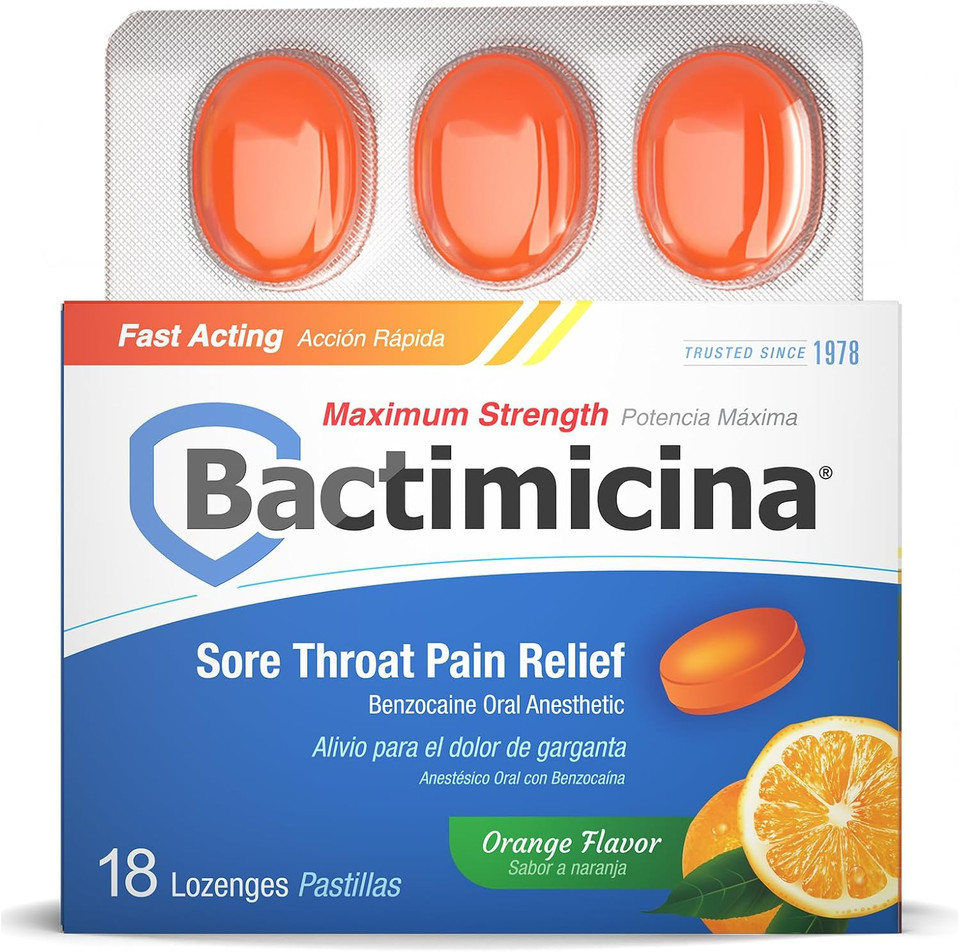Sore Throat Lozenges Maximum Strength, Orange Flavor, Oral Analgesic With Benzocaine For Fast Action Relief, 18 Count
