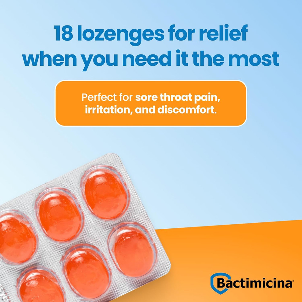 Sore Throat Lozenges Maximum Strength, Orange Flavor, Oral Analgesic With Benzocaine For Fast Action Relief, 18 Count