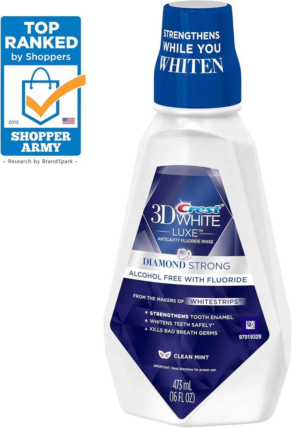Crest 3D White Luxe Diamond Strong Anticavity Fluoride Mouth Rinse, Clean Mint, 16 Fl Oz