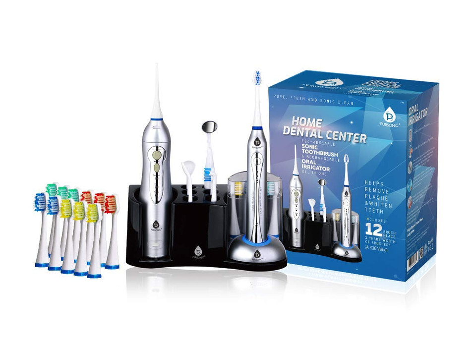 Pursonic S625 Rechargeable Sonic Toothbrush And Rechargeable Water Flosser With 12 Brush Heads
